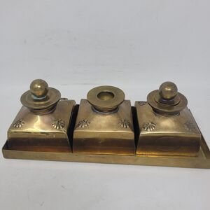 Italian Brass Ink Well Desk Set & Tray, Hinged Trinket box, HEAVY Brass Tinto